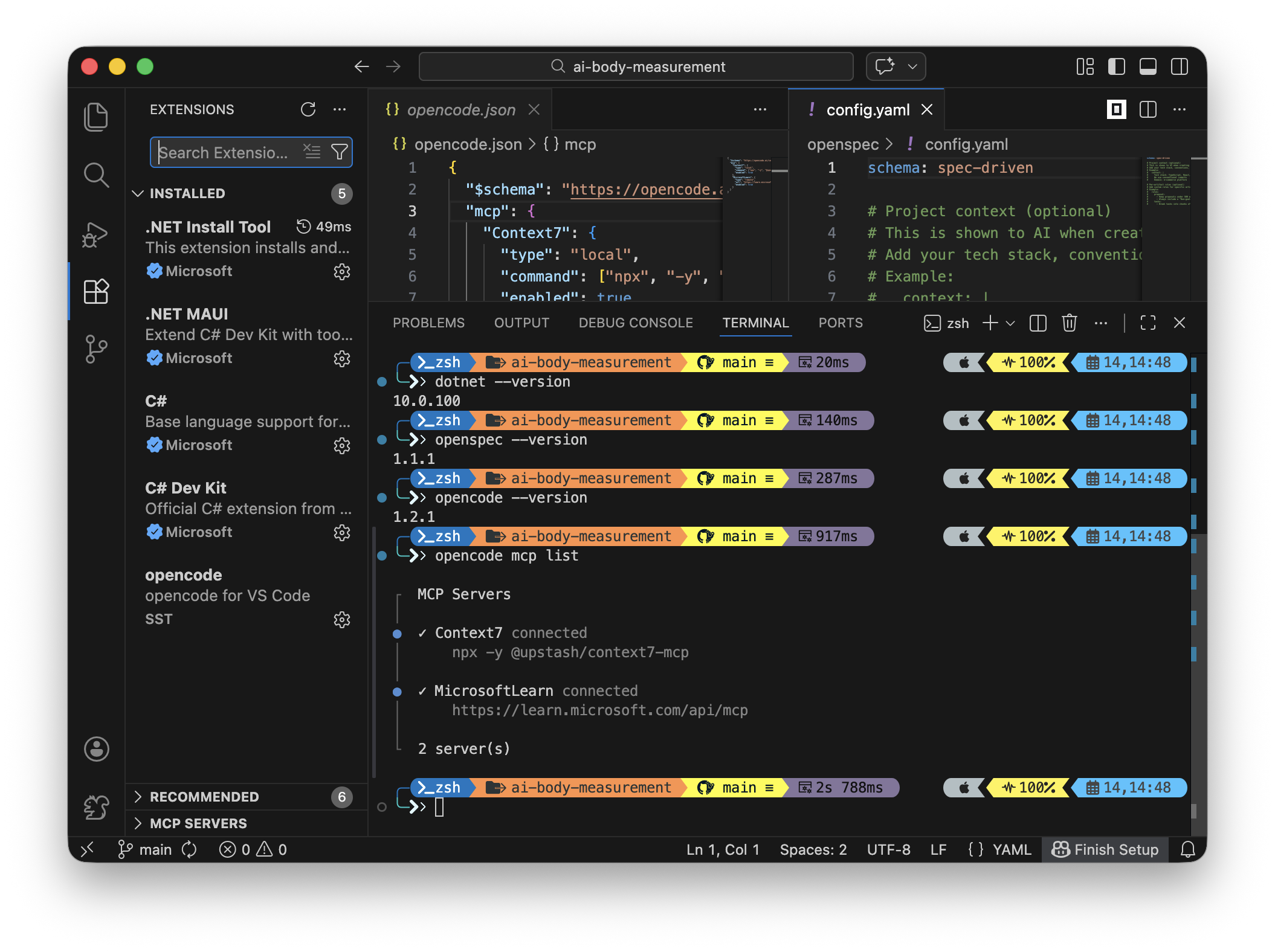 VS Code mit installierten Erweiterungen und CLI Versionen