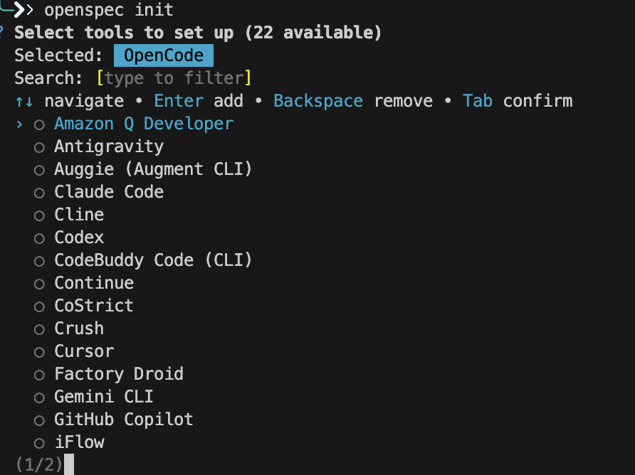 Auswahl von OpenCode für OpenSpec