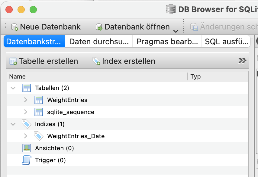 Inhalt der Datenbankdatei in SQLite DB Browser